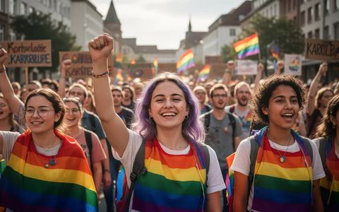 Eine vielfältige Gruppe von Menschen bei einer Demonstration, einige tragen regenbogenfarbene Elemente, im Hintergrund eine Stadtkulisse. - Foto: über boerse-global.de
