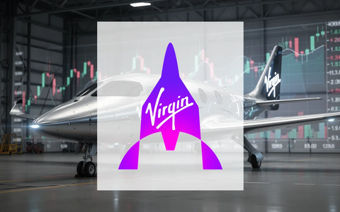 Ein futuristisches Virgin Galactic Raumschiff in einem Hangar mit verschwommenen Finanzdiagrammen im Hintergrund, die Verwässerung symbolisieren. - Foto: über boerse-global.de