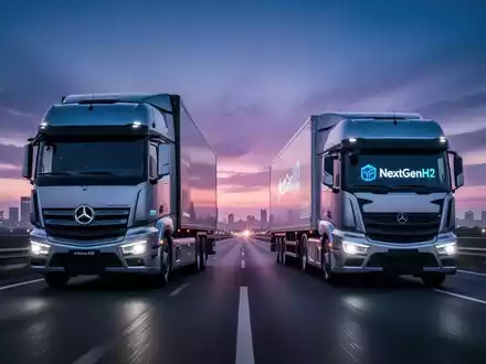 Ein futuristischer Daimler eActros 600 Elektro-Lkw und ein NextGenH2 Wasserstoff-Lkw auf einer Autobahn bei Sonnenaufgang. - Foto: über boerse-global.de