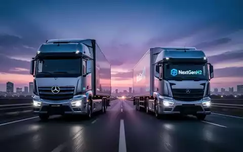 Ein futuristischer Daimler eActros 600 Elektro-Lkw und ein NextGenH2 Wasserstoff-Lkw auf einer Autobahn bei Sonnenaufgang. - Foto: über boerse-global.de