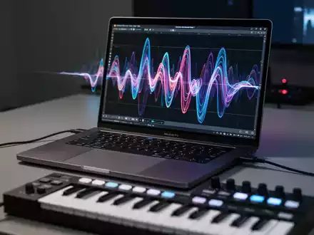 An Apple MacBook Pro displaying colorful musical waveforms, with a MIDI keyboard in the foreground, symbolizing AI music generation. - Foto: über boerse-global.de