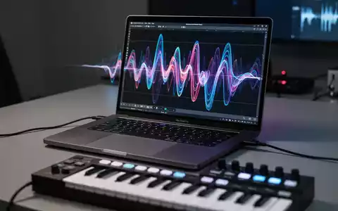 An Apple MacBook Pro displaying colorful musical waveforms, with a MIDI keyboard in the foreground, symbolizing AI music generation. - Foto: über boerse-global.de