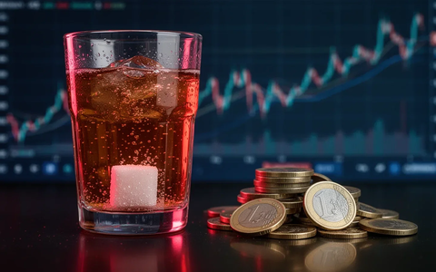 Ein Glas eines zuckerhaltigen Getränks mit schmelzendem Zuckerwürfel und Euro-Münzen daneben, vor einem unscharfen Finanzdiagramm. - Foto: über boerse-global.de