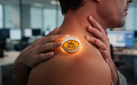 Eine Person reibt sanft Tiger Balm auf Nacken oder Schulter, mit einem modernen Büro im unscharfen Hintergrund. - Foto: über boerse-global.de