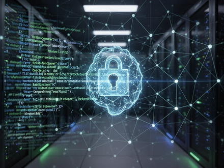 Abstrakte Darstellung von KI-Code, der mit einem sicheren Netzwerk interagiert, mit blauen und grünen Lichtern in einem dunklen Rechenzentrum. - Foto: über boerse-global.de
