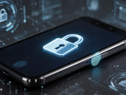 A close-up of a smartphone screen with a glowing padlock icon, and a fingerprint scanner on the side power button. - Foto: über boerse-global.de