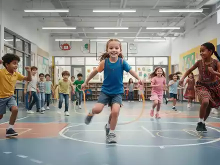 Eine Gruppe vielfältiger Kinder und Jugendlicher nimmt an Sport-, Bewegungs- und Kulturaktivitäten in einer modernen Schule teil. - Foto: über boerse-global.de