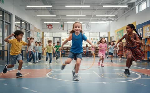 Eine Gruppe vielfältiger Kinder und Jugendlicher nimmt an Sport-, Bewegungs- und Kulturaktivitäten in einer modernen Schule teil. - Foto: über boerse-global.de