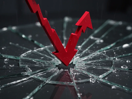 Ein roter Abwärtspfeil durchbricht eine zerbrochene Glasfläche, symbolisierend einen starken Kursrückgang der Aktie. - Foto: über boerse-global.de