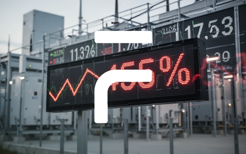 Ein Börsenticker-Display zeigt einen deutlichen Rückgang in Prozent, mit einem unscharfen Hintergrund einer Energiespeicheranlage. - Foto: über boerse-global.de