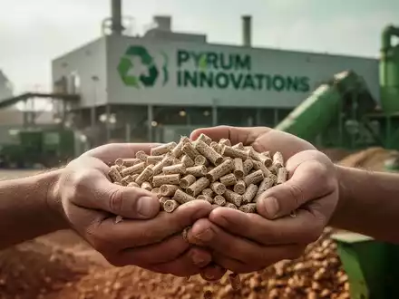 Hände halten Holzpellets vor einer verschwommenen Industrieanlage von Pyrum Innovations. - Foto: über boerse-global.de