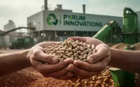 Hände halten Holzpellets vor einer verschwommenen Industrieanlage von Pyrum Innovations. - Foto: über boerse-global.de
