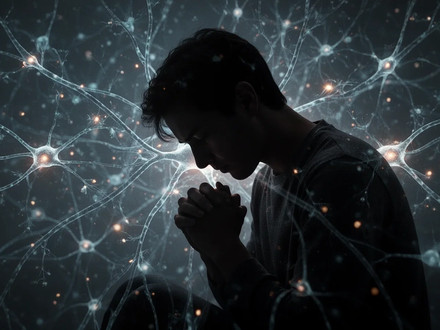 Eine Silhouette einer Person mit gesenktem Kopf und verschränkten Händen vor einem Hintergrund aus abstrakten neuronalen Linien und leuchtenden Synapsen. - Foto: über boerse-global.de