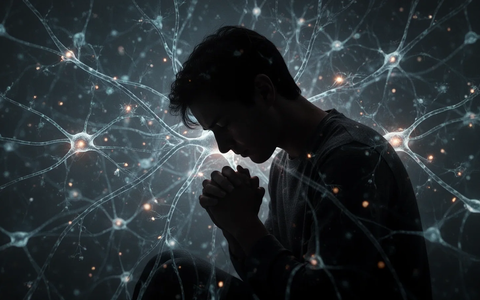 Eine Silhouette einer Person mit gesenktem Kopf und verschränkten Händen vor einem Hintergrund aus abstrakten neuronalen Linien und leuchtenden Synapsen. - Foto: über boerse-global.de
