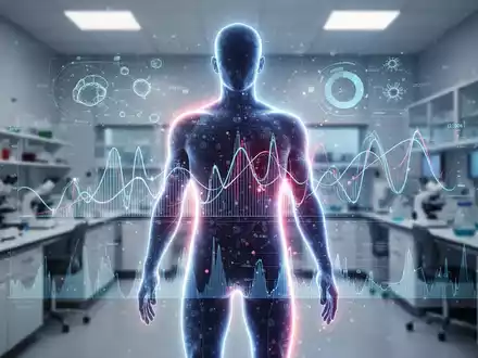 Eine stilisierte, leuchtende menschliche Silhouette mit abstrakten Datenvisualisierungen zum Stoffwechsel in einem Labor. - Foto: über boerse-global.de