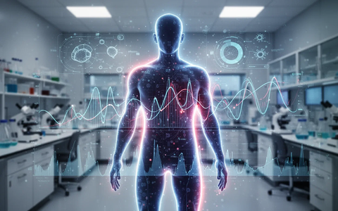Eine stilisierte, leuchtende menschliche Silhouette mit abstrakten Datenvisualisierungen zum Stoffwechsel in einem Labor. - Foto: über boerse-global.de