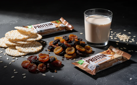 Eine Nahaufnahme verschiedener Lebensmittel wie Reiscracker, Trockenfrüchte und Hafermilch, die eine ketogene Diät sabotieren können. - Foto: über boerse-global.de