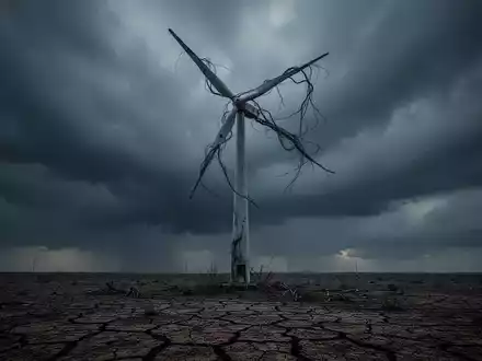 Eine defekte Windturbine unter einem dunklen, stürmischen Himmel, umgeben von trockener, rissiger Erde. - Foto: über boerse-global.de