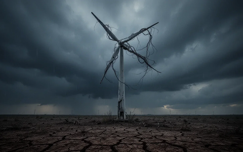 Eine defekte Windturbine unter einem dunklen, stürmischen Himmel, umgeben von trockener, rissiger Erde. - Foto: über boerse-global.de