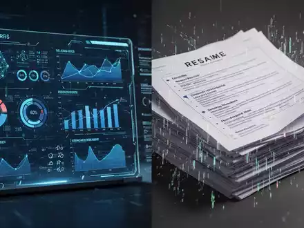 A split image showing AI-generated data visualizations on one side and stylized, distorted resumes on the other, representing tech integration and resume parsing issues. - Foto: über boerse-global.de