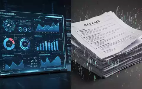 A split image showing AI-generated data visualizations on one side and stylized, distorted resumes on the other, representing tech integration and resume parsing issues. - Foto: über boerse-global.de