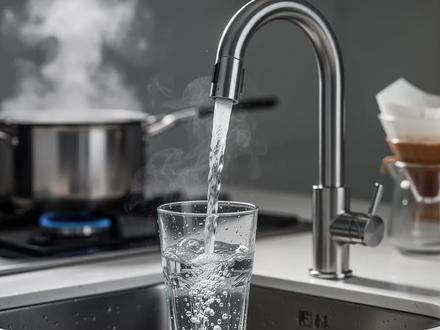 Klares Wasser fließt aus einem modernen Wasserhahn in ein Glas, im Hintergrund eine angedeutete Küche mit Kochtopf und Kaffeefilter. - Foto: über boerse-global.de