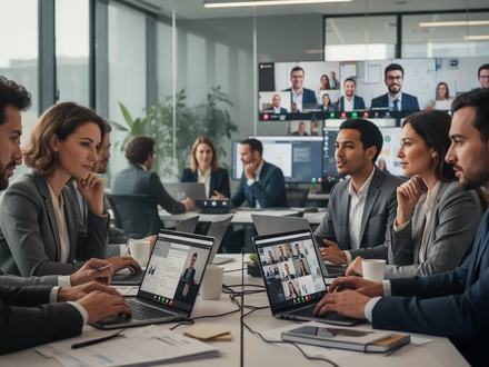 Eine Gruppe von Geschäftsleuten arbeitet in einem modernen Büro zusammen, einige sind über Laptops virtuell verbunden, was Zusammenarbeit und Fernarbeit symbolisiert. - Foto: über boerse-global.de