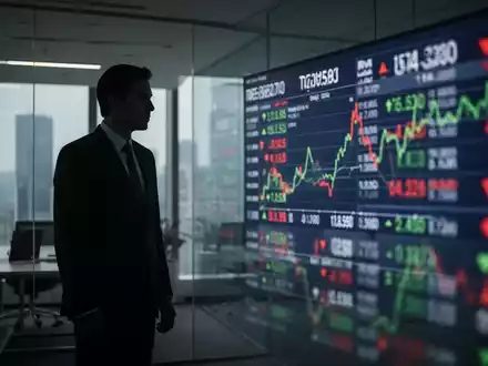 Eine schattenhafte Figur im Anzug steht in einem modernen Büro und betrachtet einen unscharfen Börsenticker mit negativen Trends. - Foto: über boerse-global.de