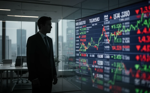 Eine schattenhafte Figur im Anzug steht in einem modernen Büro und betrachtet einen unscharfen Börsenticker mit negativen Trends. - Foto: über boerse-global.de