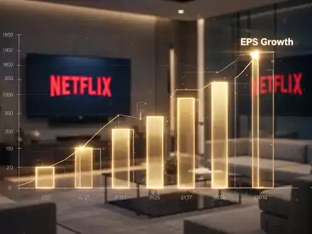 Grafik, die eine Verdopplung des EPS-Wachstums symbolisiert, mit verschwommenem Netflix-Hintergrund. - Foto: über boerse-global.de