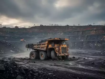 Ein riesiger Muldenkipper steht verlassen in einer weiten Tagebaugrube unter einem dramatischen, bewölkten Himmel. - Foto: über boerse-global.de