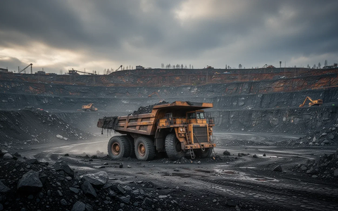 Ein riesiger Muldenkipper steht verlassen in einer weiten Tagebaugrube unter einem dramatischen, bewölkten Himmel. - Foto: über boerse-global.de