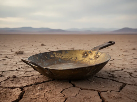 Eine einsame, verwitterte Goldwaschpfanne auf trockenem, rissigem Boden in einer leeren Wüstenlandschaft unter bewölktem Himmel. - Foto: über boerse-global.de