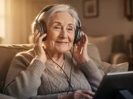 Eine ältere Frau mit Kopfhörern lächelt sanft, während sie Musik hört, in einem warm beleuchteten häuslichen Umfeld. - Foto: über boerse-global.de