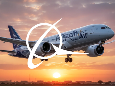 Ein Boeing 787 Dreamliner-Flugzeug mit Riyadh Air Lackierung beim Start vor einem dramatischen Sonnenuntergang. - Foto: über boerse-global.de
