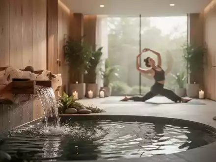 Eine ruhige Spa-Umgebung mit sanftem Licht, fließendem Wasser und einer Person, die Yoga praktiziert, symbolisiert ganzheitliches Wohlbefinden. - Foto: über boerse-global.de