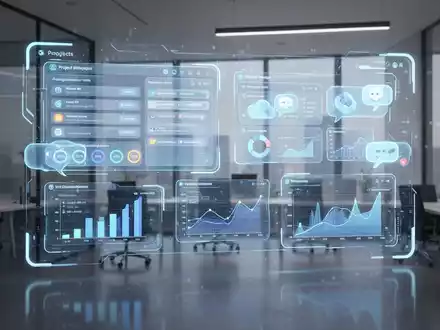 Holographic AI interface with dashboards and communication bubbles in a modern office, symbolizing business productivity. - Foto: über boerse-global.de