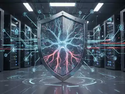 Digital shield protecting servers with glowing AI neural pathways, symbolizing advanced cyber security and AI defense. - Foto: über boerse-global.de