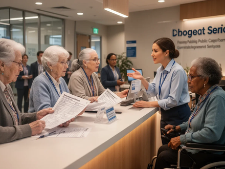 Diverse group of people, including seniors and visually impaired individuals, interacting at a public service desk, emphasizing analog access. - Foto: über boerse-global.de