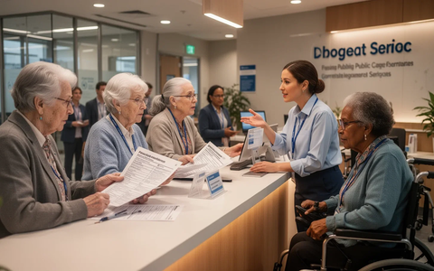 Diverse group of people, including seniors and visually impaired individuals, interacting at a public service desk, emphasizing analog access. - Foto: über boerse-global.de