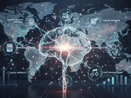 A glowing neural network intertwined with icons for finance, payments, and fast transactions, symbolizing AI's role in fintech. - Foto: über boerse-global.de