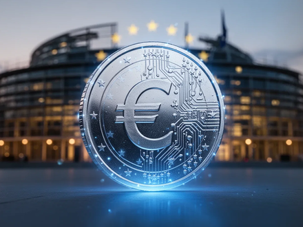 A glowing digital euro coin with circuit patterns superimposed over a blurred image of the European Parliament building at dusk. - Foto: über boerse-global.de