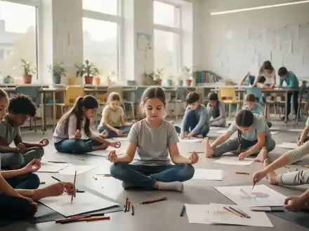 Eine Gruppe von Kindern zwischen 8 und 12 Jahren, die in einem hellen Raum Achtsamkeitsübungen machen, um Stress abzubauen. - Foto: über boerse-global.de
