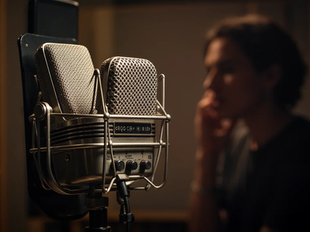 Ein Vintage-Radiomikrofon in einem Aufnahmestudio, mit einer verschwommenen Silhouette einer zuhörenden Person im Hintergrund. - Foto: über boerse-global.de