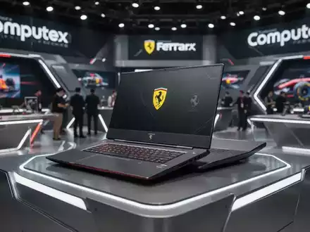 HP Ferrari Luxus-Notebook auf einer Computex-Bühne, mit elegantem Design und futuristischer Ästhetik. - Foto: über boerse-global.de