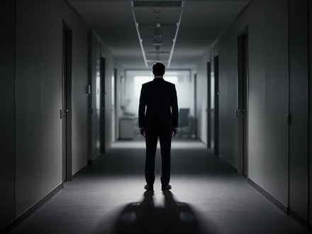 Eine einsame, gut gekleidete Person steht in einem schwach beleuchteten Büroflur, symbolisierend Quiet Firing und berufliche Unsicherheit. - Foto: über boerse-global.de
