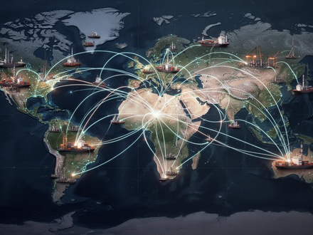 Ein stilisiertes Weltkartennetzwerk aus leuchtenden Linien, die globale Lieferketten und industrielle Knotenpunkte verbinden. Es zeigt Diversifizierung. - Foto: über boerse-global.de