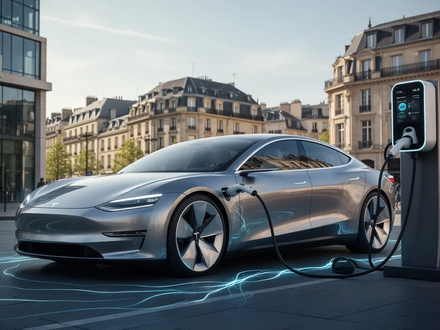 Ein elegantes Elektroauto lädt an einer öffentlichen Ladestation in einer europäischen Stadt, mit leuchtenden Linien, die den Energiefluss andeuten. - Foto: über boerse-global.de