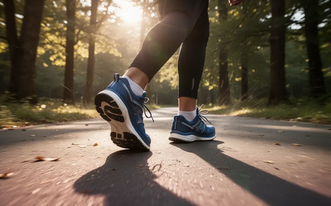 Eine Person geht auf einem Weg, Fokus auf die Füße in Sportschuhen. Sonnenlicht filtert durch Bäume im Hintergrund. - Foto: über boerse-global.de