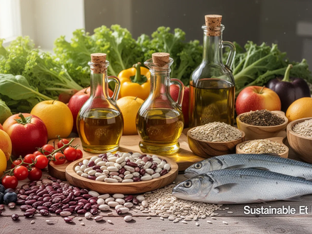 Eine Anordnung von herzgesunden Lebensmitteln, darunter Gemüse, Obst, Hülsenfrüchte, Vollkornprodukte, Olivenöl und Fisch. - Foto: über boerse-global.de